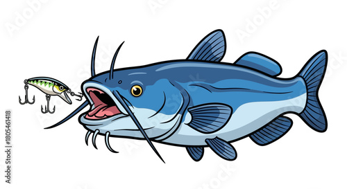 Cartoon Catfish Going After Hook and Line Fishing Lure Bait With Open Mouth