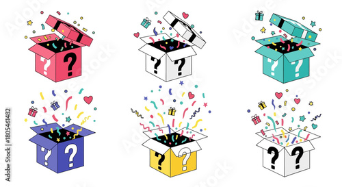A collection of colorful surprise gift boxes with question marks, bursting open with celebratory confetti and prize elements