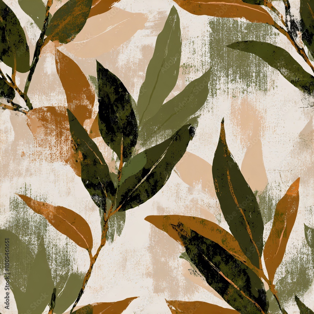 Naklejka premium Abstract watercolor painting inspired seamless pattern with leafy botanical elements and brush strokes. Perfect for print, textile, or wallpaper application.