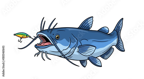 Illustration of a catfish with a fishing lure caught on its mouth