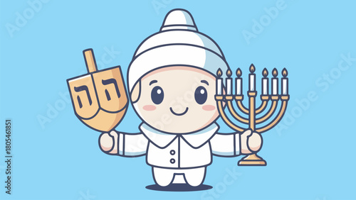 Cute smile skelton vector character holding a dreidel and menorah vector illustration art 