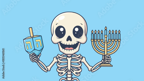 Cute smile skelton vector character holding a dreidel and menorah vector illustration art 