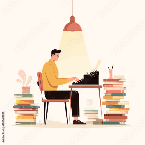 Man typing on a vintage typewriter in his creative workspace