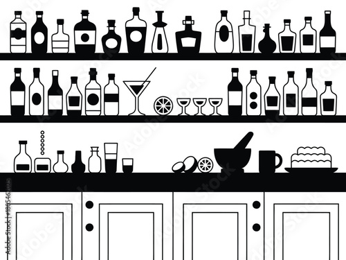 Black and white bar scene with bottles and kitchenware