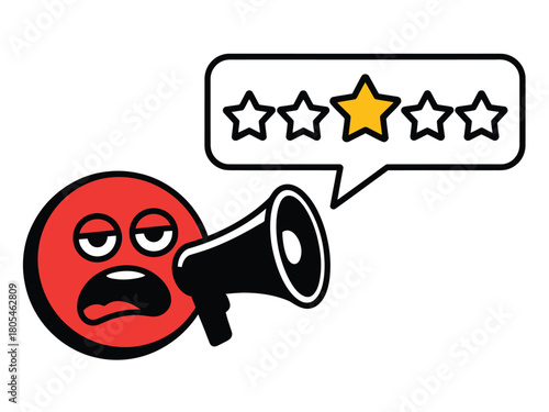 Red face with megaphone and one star rating in speech bubble