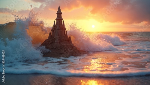 Powerful ocean wave crashes over elaborate sandcastle on wide sandy beach. Golden sunset light brilliantly illuminates water splash, sea foam, wet sand. Nature raw power slowly erodes temporary