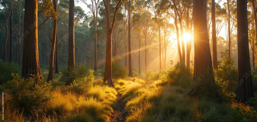 Obraz premium Golden sunbeams pierce tall gum trees in Australian forest. Lush green foliage and grass line a winding dirt path. Warm light bathes the landscape creating a tranquil scene.