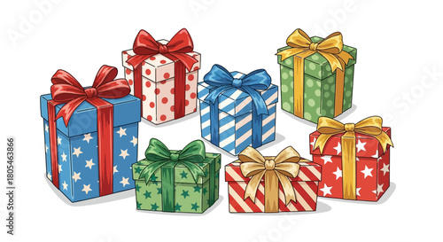 Festive Gift Boxes with Ribbons and Bows - Assortment of Wrapped Presents