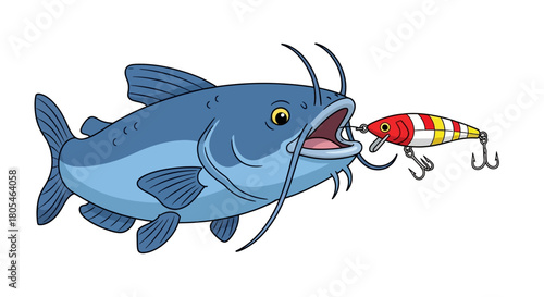 Dynamic Blue Catfish with Prominent Whiskers Enthusiastically Targeting a Vivid Fishing Lure – Engaging Cartoon Illustration for Angling Activities