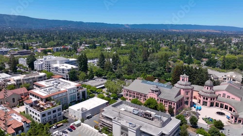 Mountain View historic city center aerial view on Mercy Street including City Hall and Center for the Performing Arts, Mountain View, California CA, USA. 