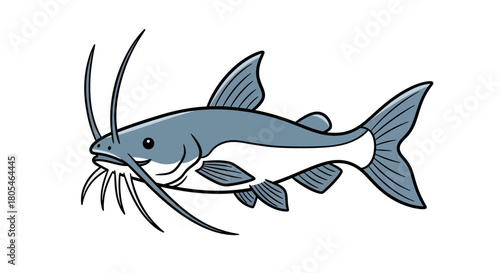 A stylized illustration of a grey catfish with prominent whiskers, swimming in clear water