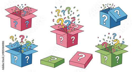 A vibrant collection of illustrated mystery boxes revealing colorful question marks and confetti