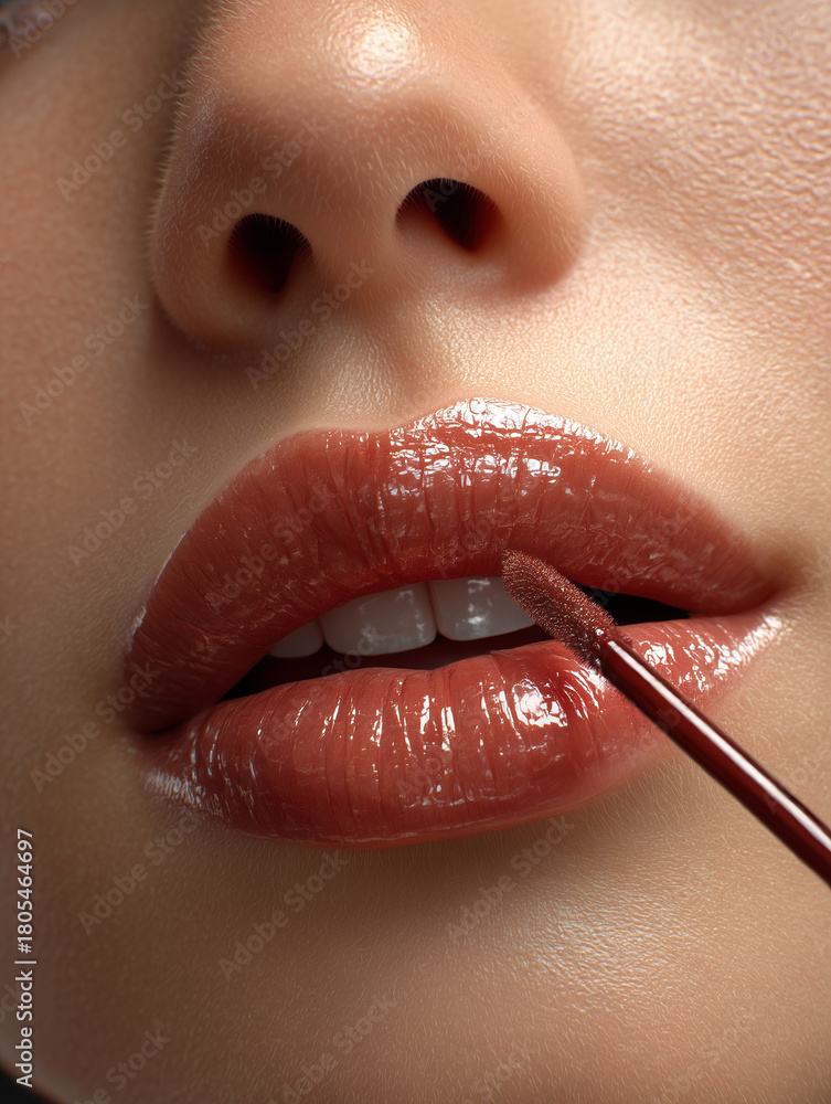 Naklejka premium Woman applying lip gloss close up, beauty routine