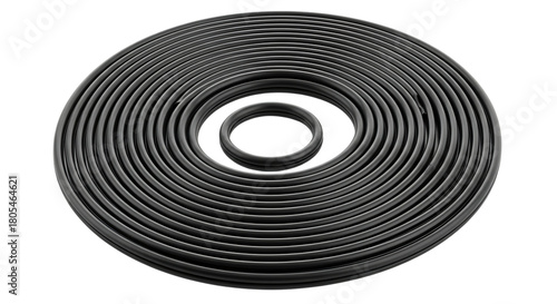 Dark gray rubber sealing strips coiled in concentric circles with a smaller coil inside, isolated on a white or transparent background, cutout, PNG