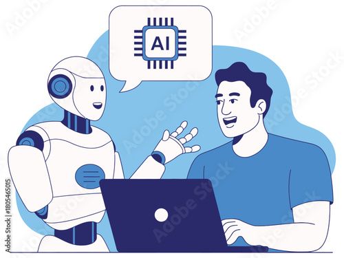 Man and robot with ai chip communication illustration