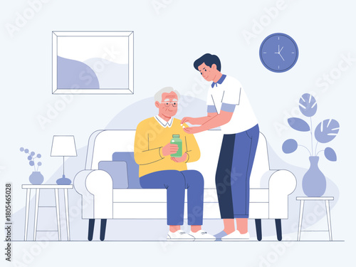 Man assisting senior man with medication on a white couch