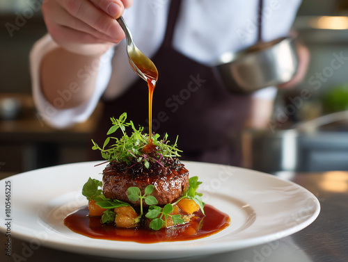 Chef pouring elegant sauce on gourmet beef tenderloin