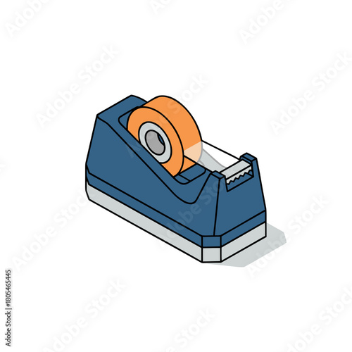 Vector icon of a desktop tape dispenser, isometric angle, three distinct complementary colors (e.g., blue, orange, grey), vector graphic.