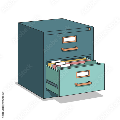 Vector icon of a classic filing cabinet drawer slightly ajar, layered colors, corporate yet creative aesthetic, geometric vector design.