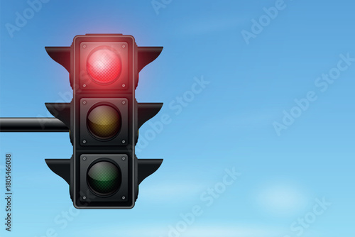 Red Traffic Light on Blue Sky, Vector Illustration. 3d Realistic Traffic Light Red Signal. Traffic Light Illustration, Stop Sign. City Street Background, Pedestrian Crossing and Driving Concept