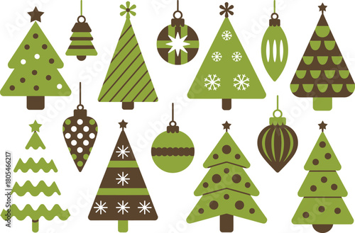A collection of decorative Christmas trees and ornaments in green and brown hues