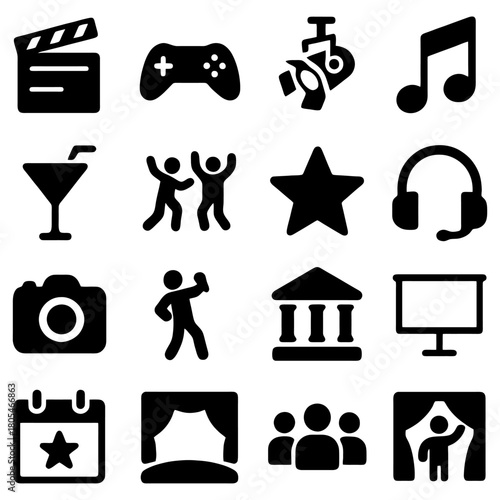 Iconic Entertainment Elements: A collection of meticulously crafted icons embodying various aspects of the entertainment realm, from the thrill of gaming to the magic of cinema and theater.