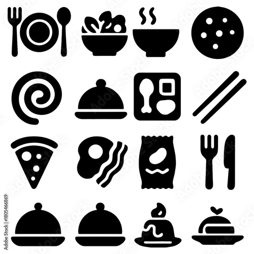 Culinary Array: A collection of diverse culinary elements, each carefully presented in striking monochromatic silhouette. Capturing the simplicity and universality of food presentation.