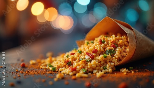 Fototapeta Naklejka Na Ścianę i Meble -  Bhel puri is famous indian snack. Puffed rice served in paper cone. This food contains vegetables, herbs and spices. It is delicious, aromatic and colorful. Street food with bokeh lights.