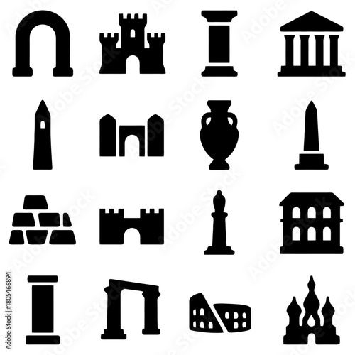 Architectural Icons: A set of iconic silhouettes of historic architecture, showcasing diverse forms and historical elements.