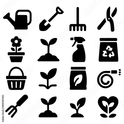 Garden Essentials Icon Set: An array of garden tools and elements meticulously arranged, featuring icons for watering cans, shovels, rakes, pruning shears, and more.