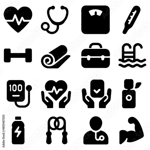 Health and Wellness Icon Set: A collection of health and wellness icons, including heart rate, stethoscope, scale, thermometer, dumbbell, yoga mat, briefcase, swimming pool, blood pressure monitor.