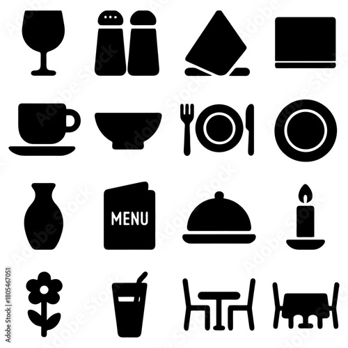 Restaurant Icon Array: A concise collection of essential restaurant icons, designed to represent the various elements of a dining experience, creating a visual guide for ease of use.
