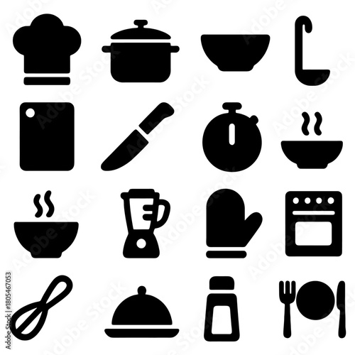 Culinary Essentials: A comprehensive collection of kitchen tools and cookware, including a chef's hat, pot, bowls, ladles, cutting board, knife, timer, hot soup, a blender, oven gloves, oven, whisk.