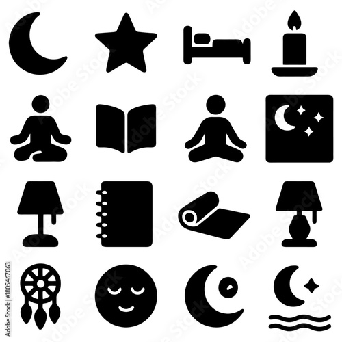 Tranquil Nighttime Elements: A collection of serene illustrations evoke a sense of calm and peacefulness, perfectly capturing the essence of a tranquil night.