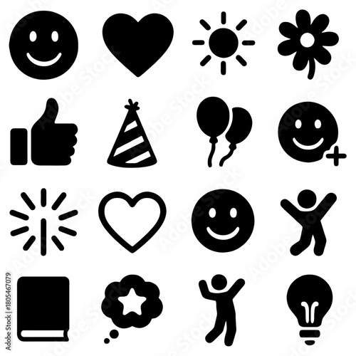 Positive Emoticon Icons: A collection of versatile icons symbolizing happiness, love, inspiration, and celebration, suitable for various design projects and themes.