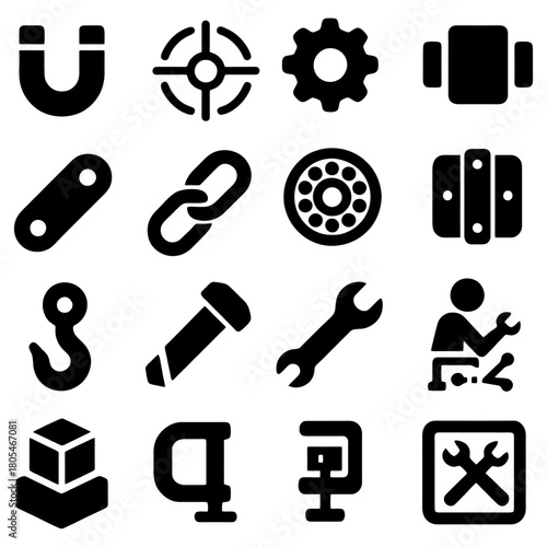 Industrial Icons: An array of essential tools and components, meticulously arranged, representing the core elements of industry and mechanics, ready to be incorporated into designs.