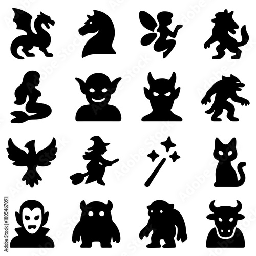Magical Icon Set: An enchanting collection of mystical creature icons, ideal for storytelling, fantasy themes, or graphic designs. The set includes a diverse array of mythical beings.