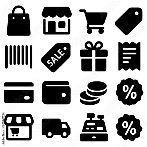 Shopping Icons: A diverse collection of shopping icons, including shopping bag, store, shopping cart, tag, barcode, sale tag, gift box, receipt, credit card, wallet, coin, percentage icon, store icon.