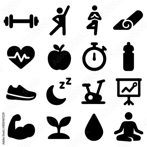 Wellness and Fitness Icons: A set of clean, minimalist icons symbolizing a balanced approach to wellness, encompassing physical activity, nutrition, rest, and mindfulness. 