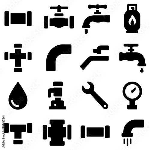 Plumbing Icons Collection: A graphic assortment of essential plumbing fixtures and tools, illustrating various components used in water supply and drainage systems.
