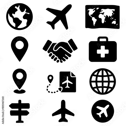 Travel Essentials: A collection of essential travel icons, meticulously crafted to represent key aspects of journey, offering a symbolic glimpse into the world of travel.