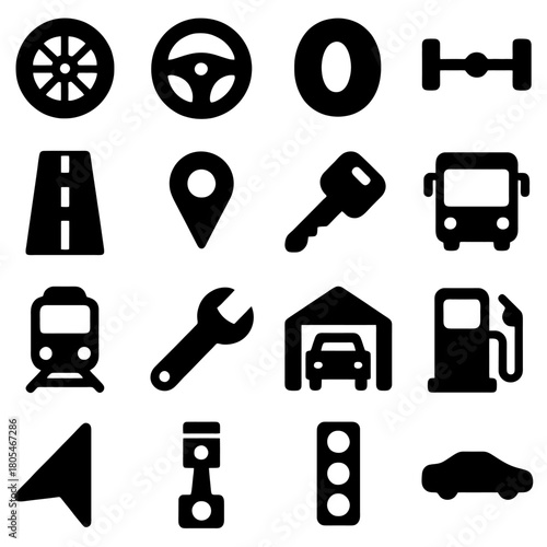 Automotive Icons: A comprehensive array of vehicle-related icons, offering a glimpse into the various components and services associated with cars, transportation, and driving.