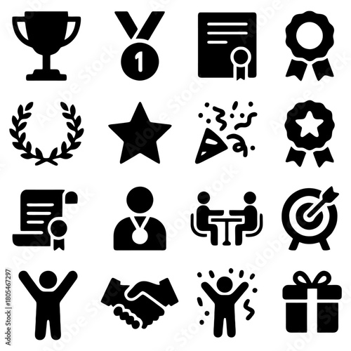 Icon Set: An assortment of iconic elements, representing achievement, recognition, and accomplishment, ideal for designs with themes of success and winning. 