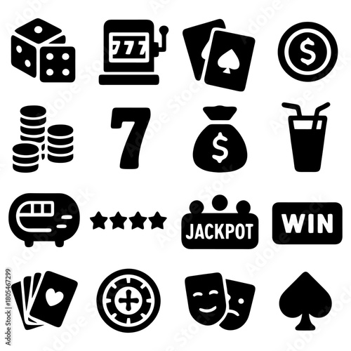 Casino Symbols: A collection of casino elements, from dice and slot machines to playing cards and chips, capturing the allure and excitement of chance and games of strategy.