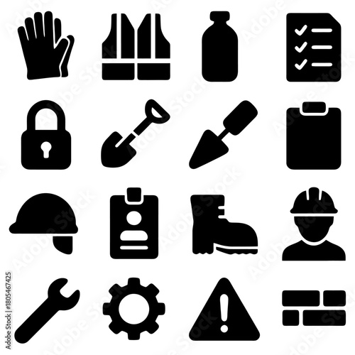 Construction and Safety Icons: A collection of essential construction and safety icons, perfectly illustrating the tools and protective gear used in construction and related fields.