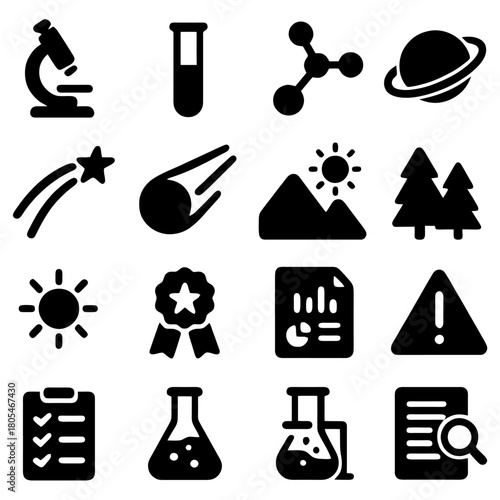 Icons of Science and Exploration: A collection of black icons representing scientific concepts and celestial objects. Visual metaphors for discovery, research, and the wonders of the universe.