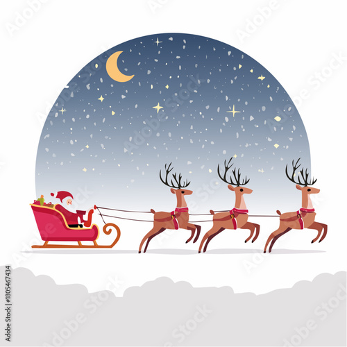 Minimalist Santa Claus Sleigh with Reindeer in Snowy Night Sky