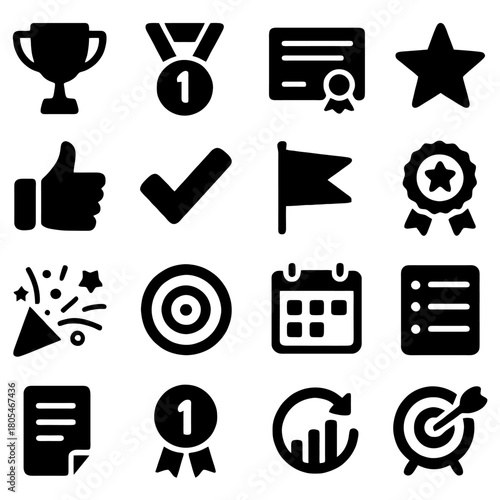 Symbols of Achievement: An array of icons representing milestones, targets, recognition, and the joy of attainment, conveying a visual message of success.