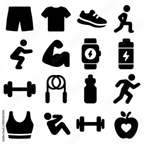 Fitness icons: a collection of black fitness icons that includes the symbols of fitness such as weight, apple, runner