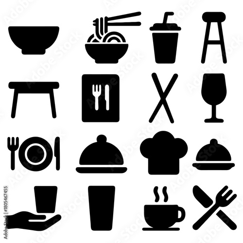 Restaurant Essentials: A set of essential icons for restaurants, featuring elements like bowls, noodles, drinks, chairs, tables, utensils, chef hat, cups, and more.